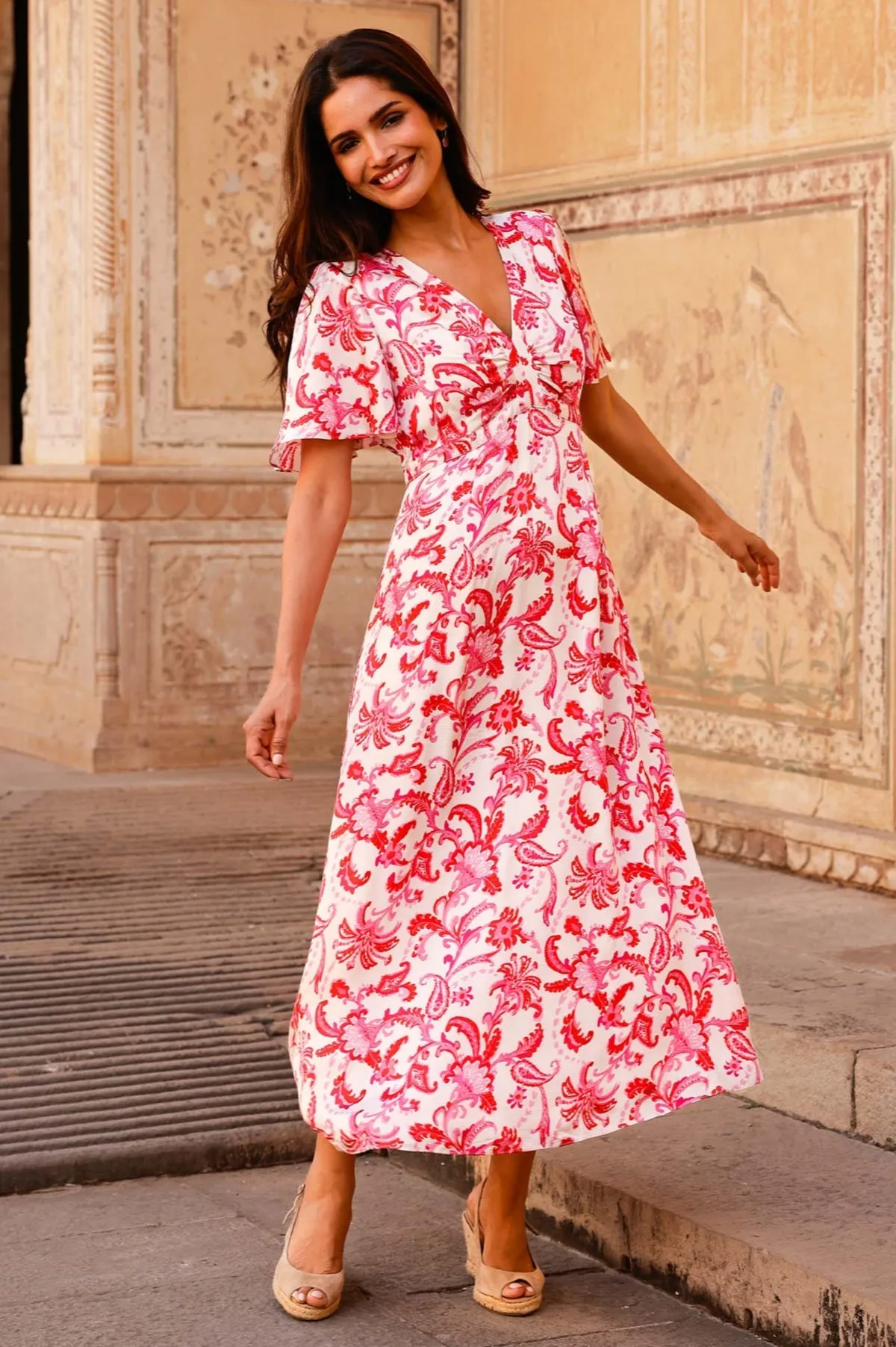 Aspiga Anais Red/White Silky Feel V-Neck Midi Dress