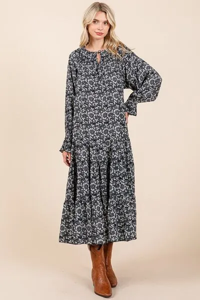 Dark Navy Printed Tie Neck Flounce Sleeve Midi Dress