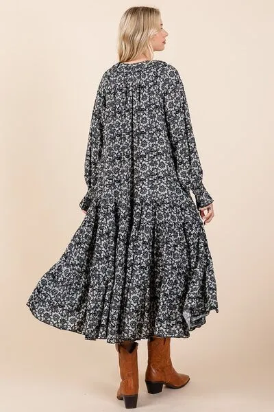 Dark Navy Printed Tie Neck Flounce Sleeve Midi Dress