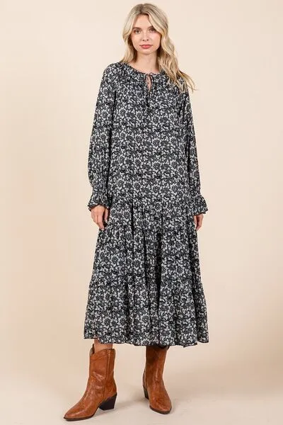 Dark Navy Printed Tie Neck Flounce Sleeve Midi Dress