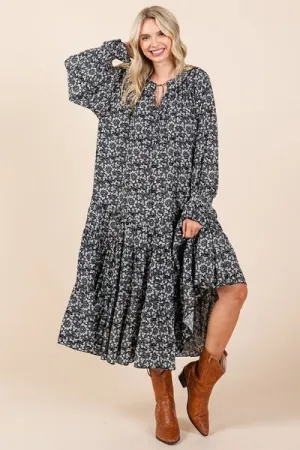 Dark Navy Printed Tie Neck Flounce Sleeve Midi Dress