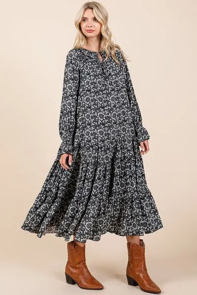 Dark Navy Printed Tie Neck Flounce Sleeve Midi Dress