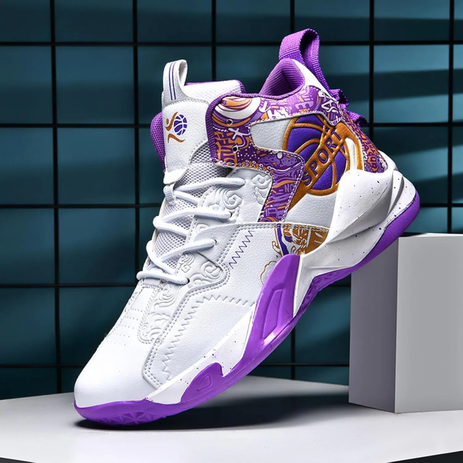 Men's Breathable Leather Lace Up Cushioning Basketball Shoes Fashion High-Top Non-Slip Sneakers Casual for Gym Sports Tennis Jogging Running Walking