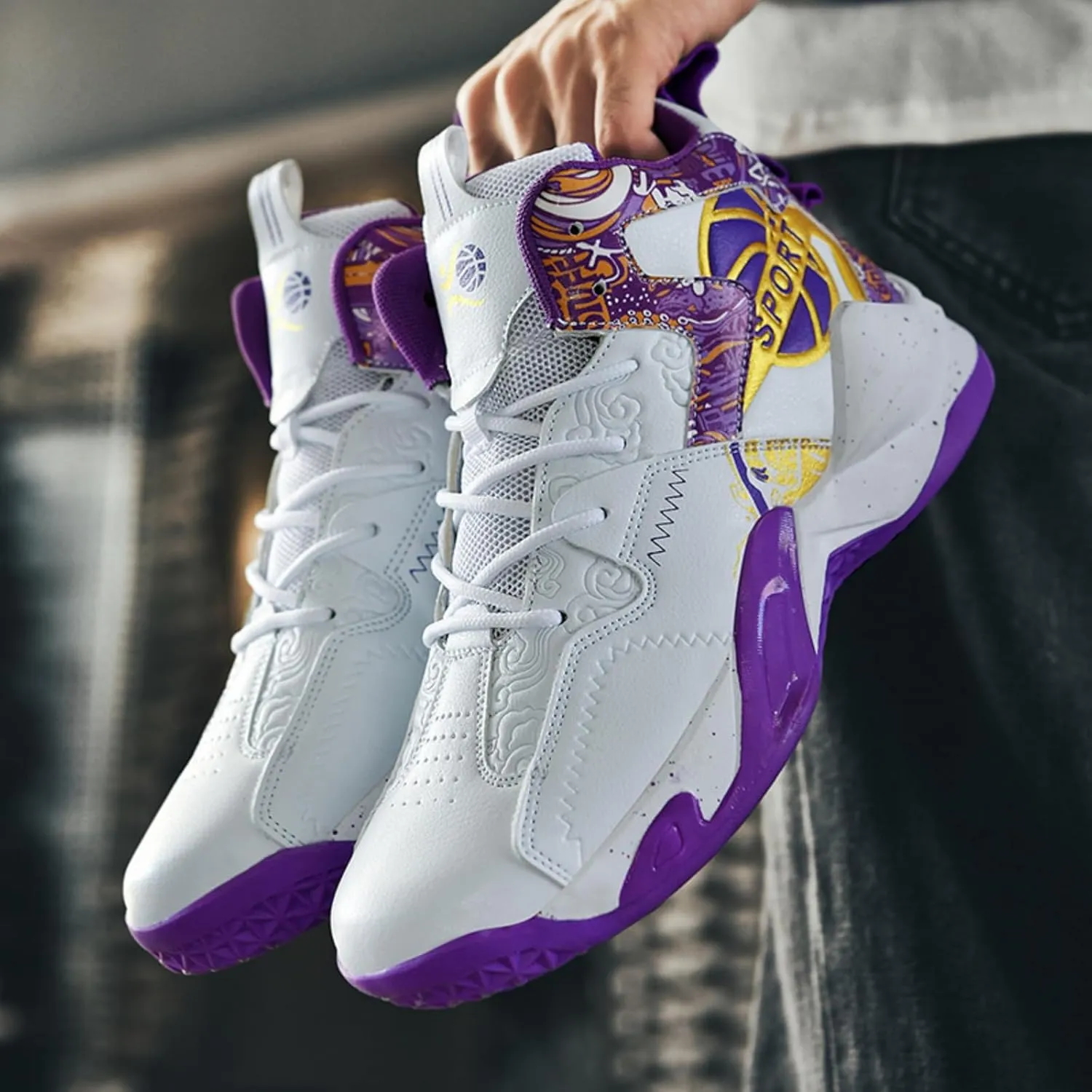 Men's Breathable Leather Lace Up Cushioning Basketball Shoes Fashion High-Top Non-Slip Sneakers Casual for Gym Sports Tennis Jogging Running Walking