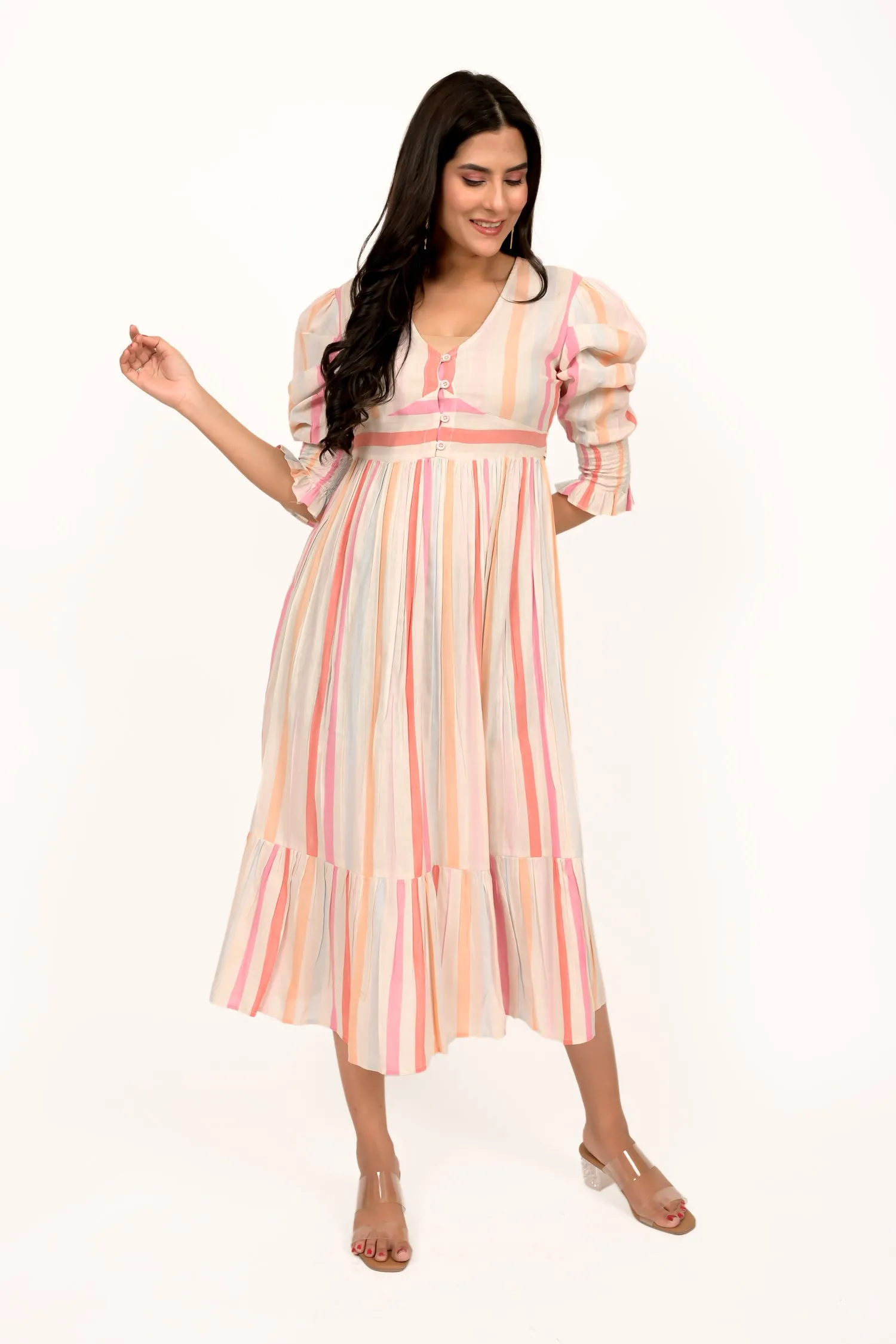 Pastel Multicoloured Striped Calf Length Dress