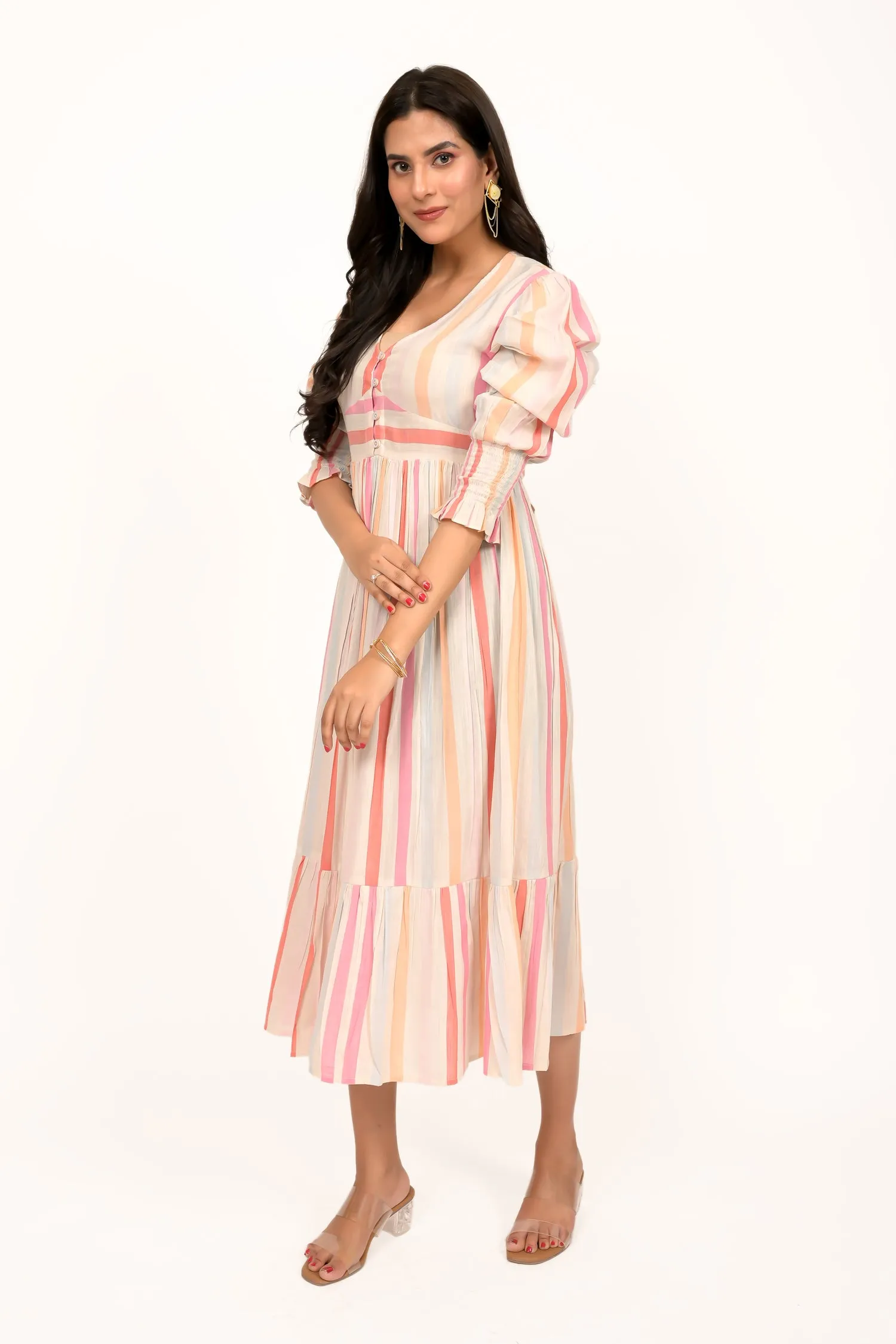 Pastel Multicoloured Striped Calf Length Dress