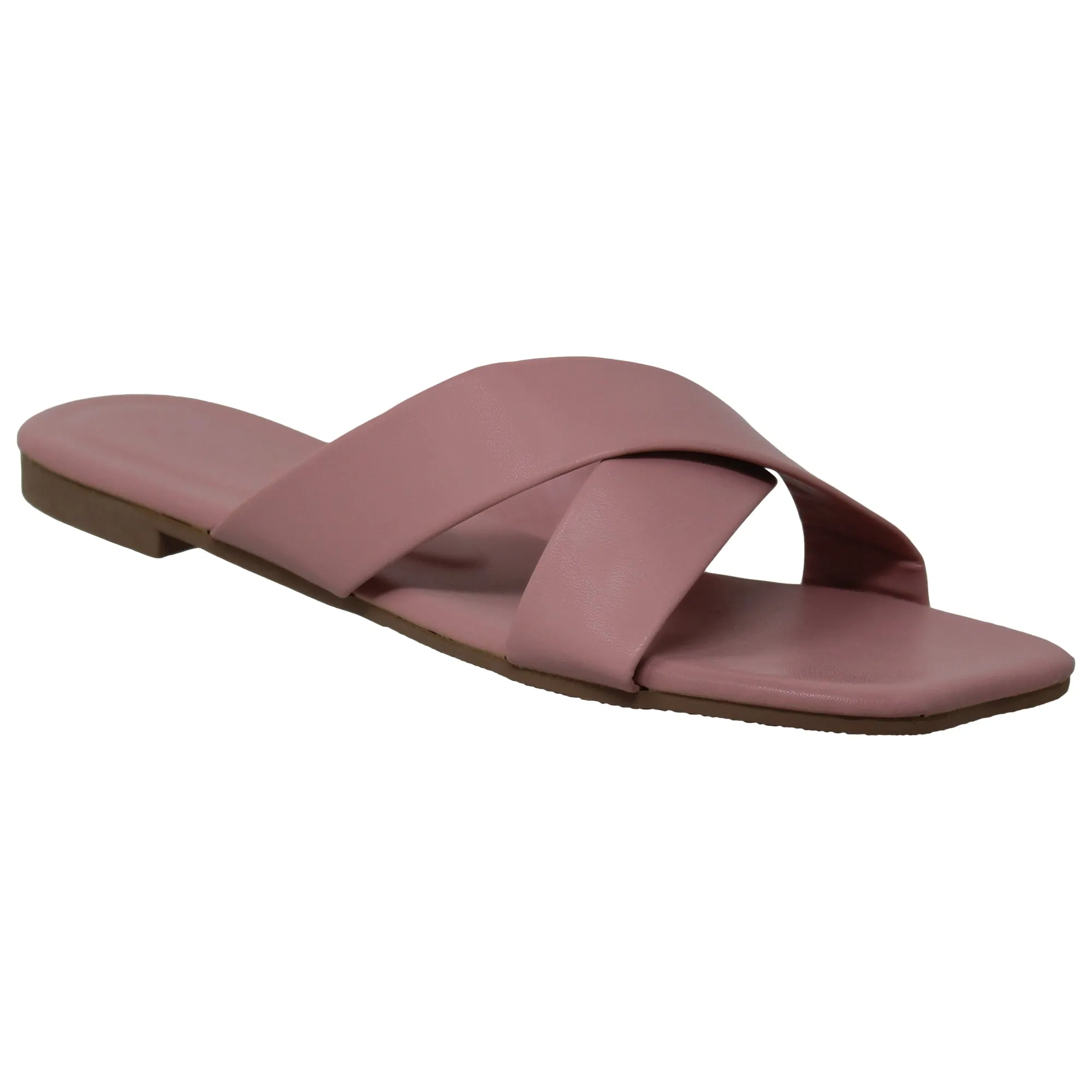 SOBEYO Square Toe Crossband Slide Sandals Dusty Pink