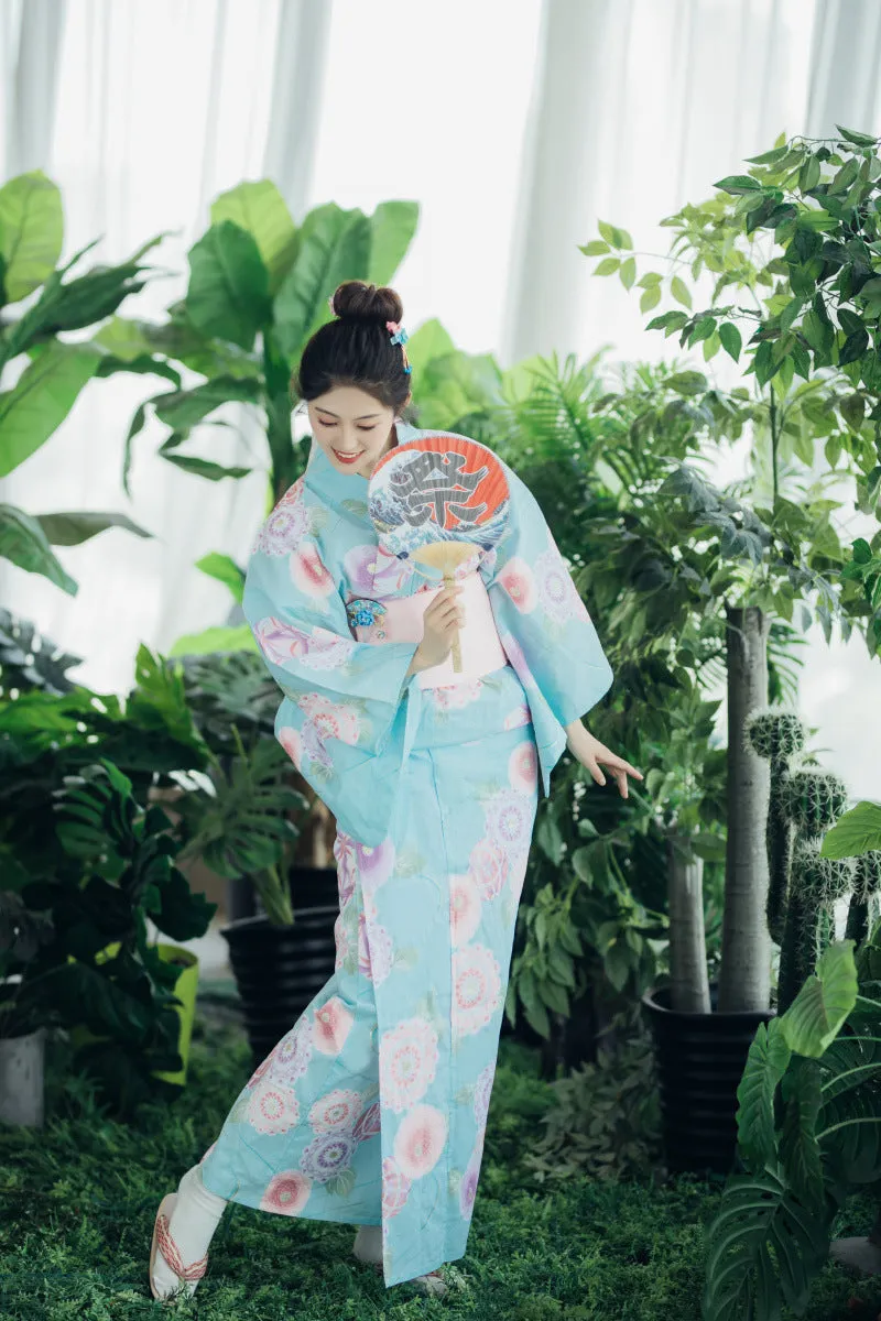 Traditional Japanese Floral Yukata - Light Blue Kimono with Obi