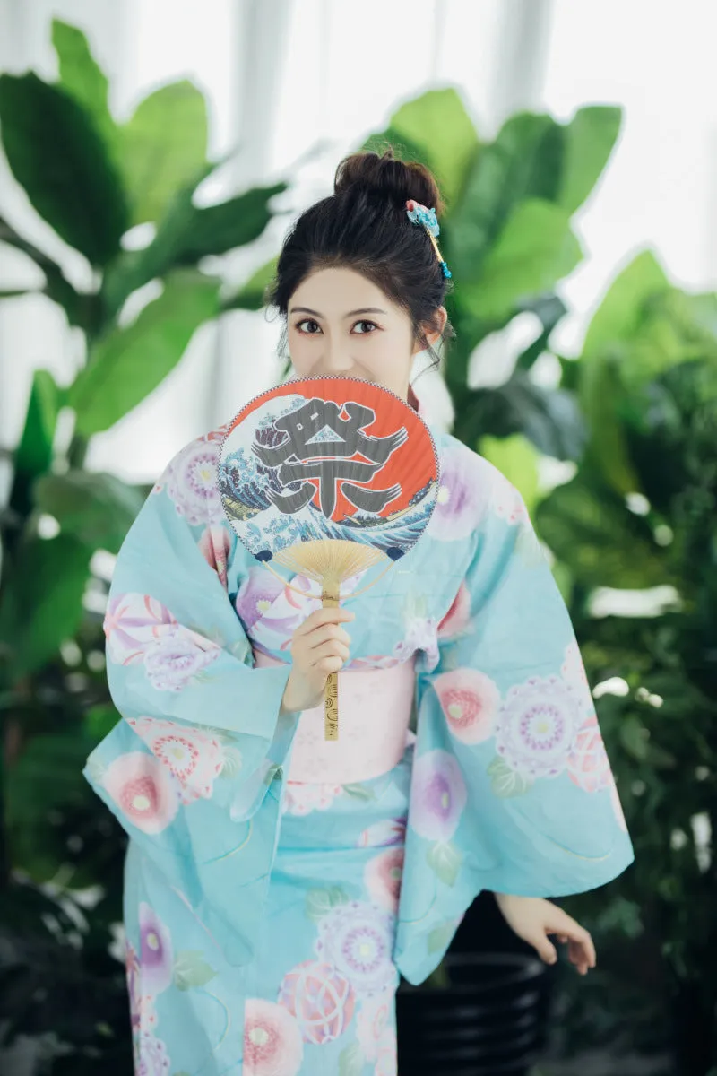 Traditional Japanese Floral Yukata - Light Blue Kimono with Obi