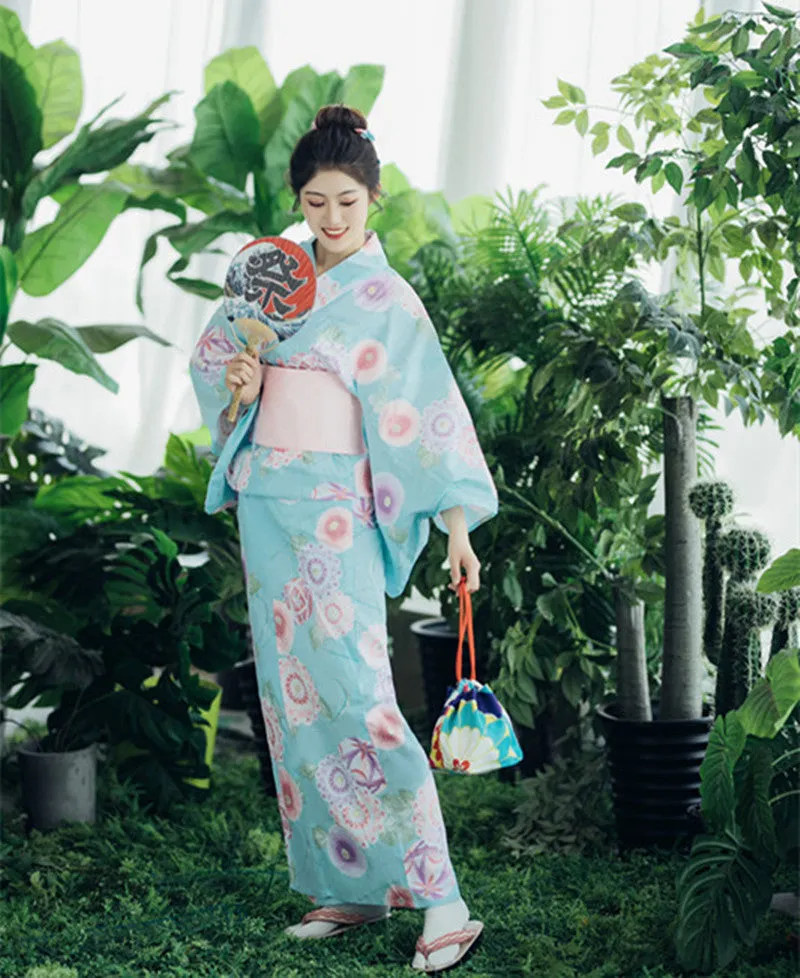 Traditional Japanese Floral Yukata - Light Blue Kimono with Obi