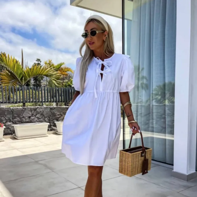 What should I wear tomorrow?Womens Trendy Solid Color Bow Tie Front Puff Sleeve Dress
