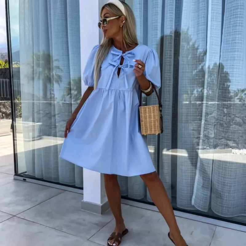 What should I wear tomorrow?Womens Trendy Solid Color Bow Tie Front Puff Sleeve Dress