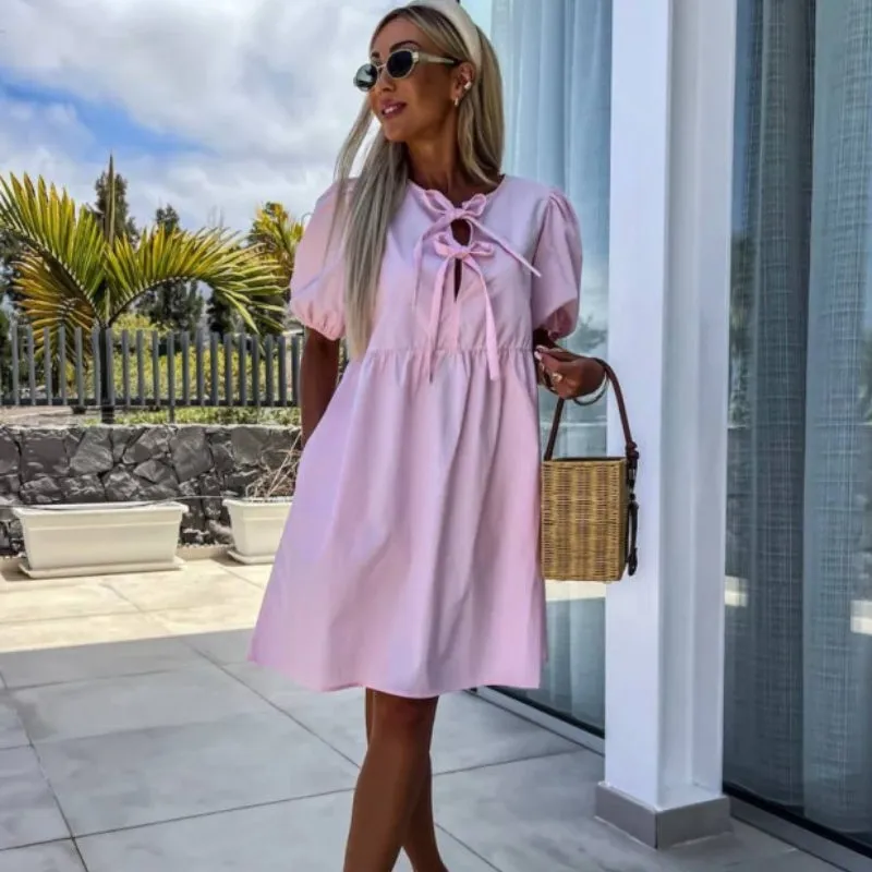 What should I wear tomorrow?Womens Trendy Solid Color Bow Tie Front Puff Sleeve Dress