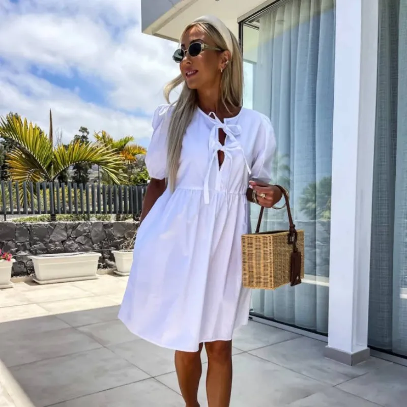 What should I wear tomorrow?Womens Trendy Solid Color Bow Tie Front Puff Sleeve Dress