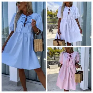 What should I wear tomorrow?Womens Trendy Solid Color Bow Tie Front Puff Sleeve Dress