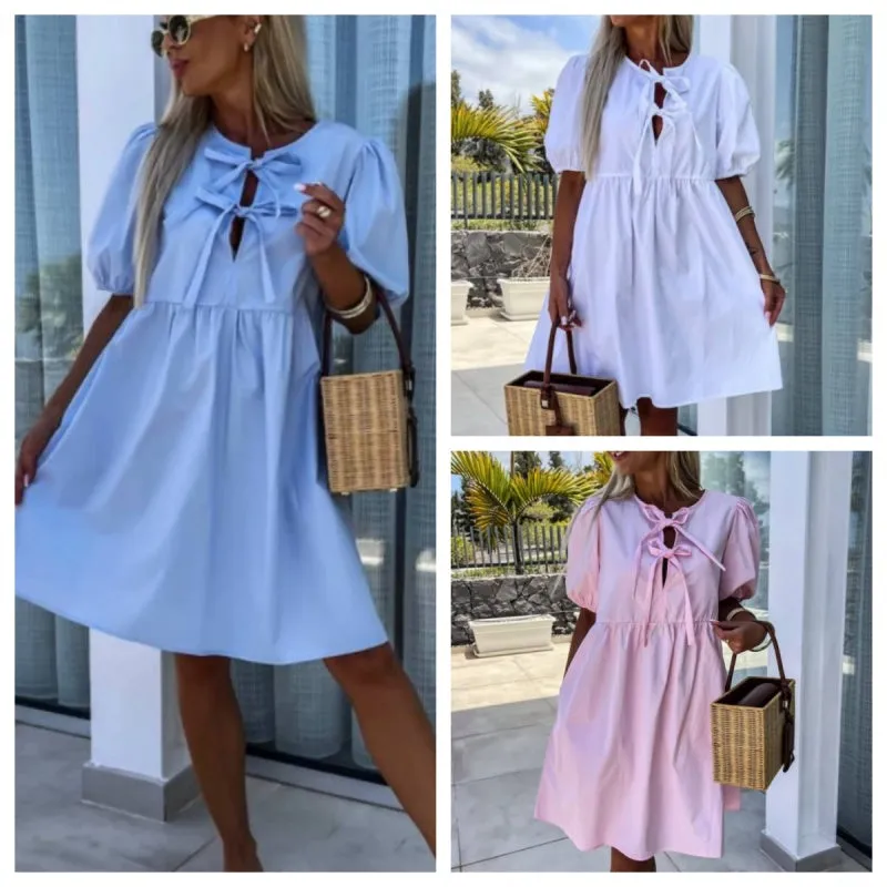 What should I wear tomorrow?Womens Trendy Solid Color Bow Tie Front Puff Sleeve Dress