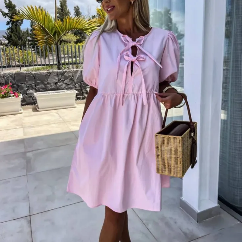 What should I wear tomorrow?Womens Trendy Solid Color Bow Tie Front Puff Sleeve Dress