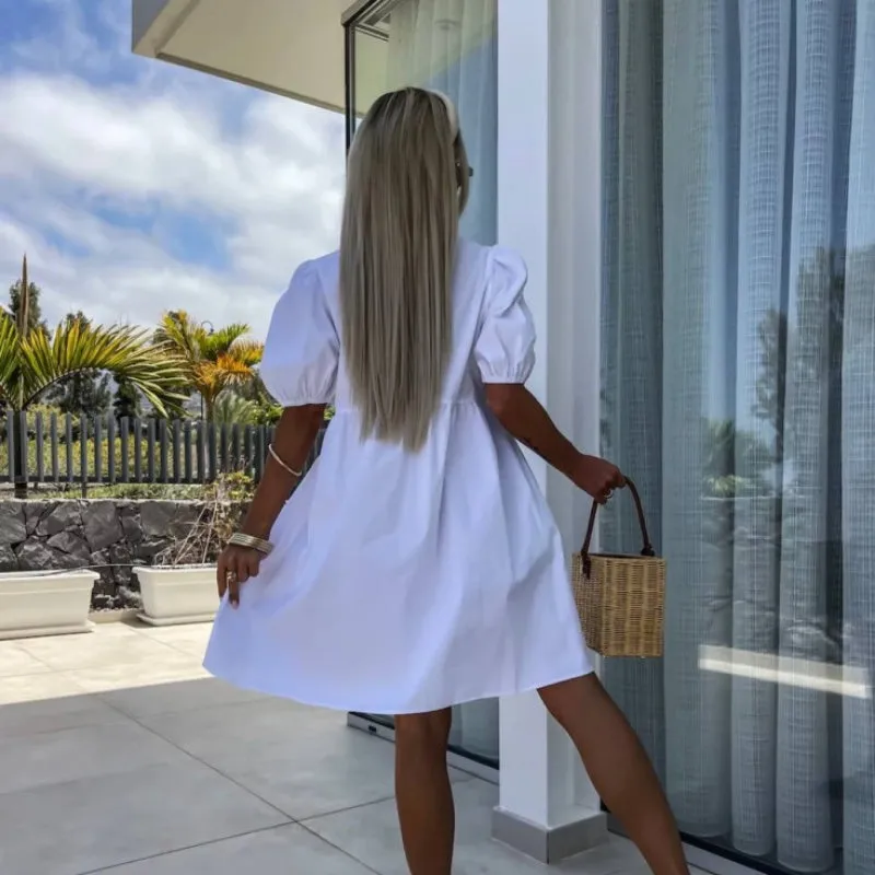 What should I wear tomorrow?Womens Trendy Solid Color Bow Tie Front Puff Sleeve Dress